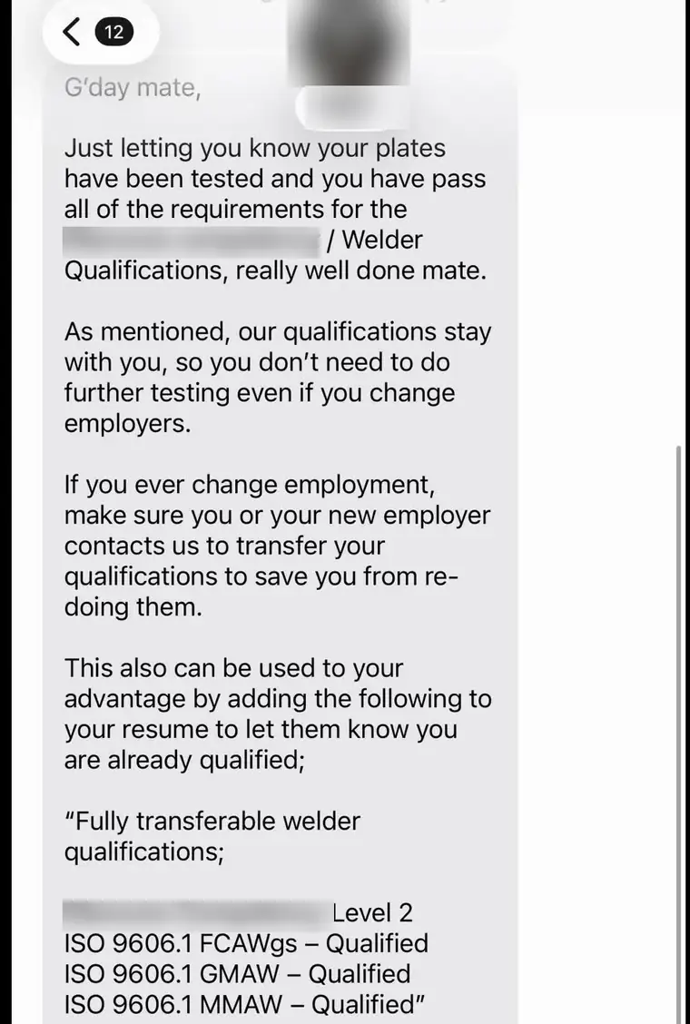 SMS de confirmation de réussite d'un weld test de soudeur en Australie, qualifications ISO 9606-1 validées